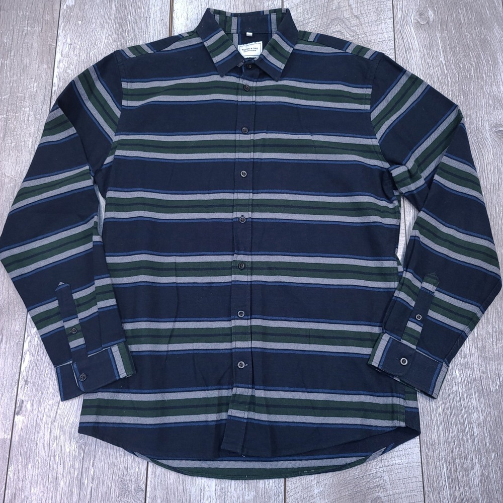 Frank & Oak Button Flannel Shirt Mens Large Blue Green Striped Cotton LS Top